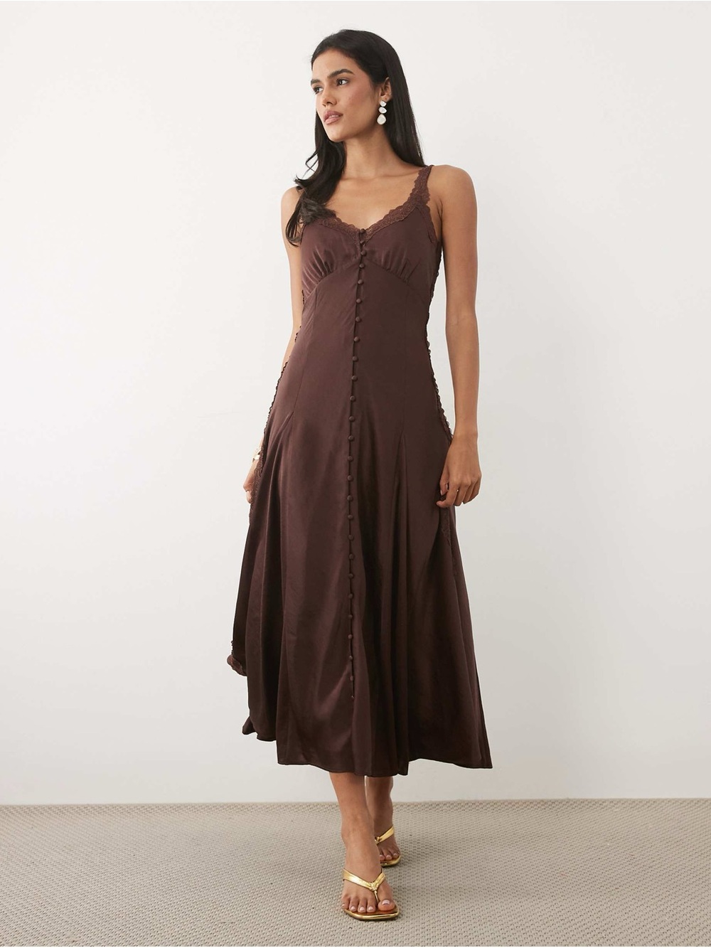 Abercrombie & Fitch Chocolate Brown Satin Lace-Trim Slip Dress